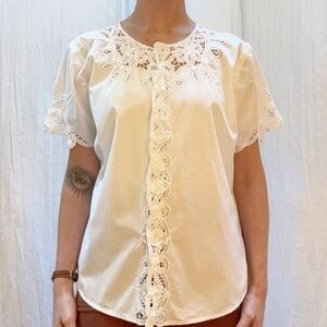 White Lace Embroidered Button-down Short Sleeve‎ Blouse Vintage Italian Cotton